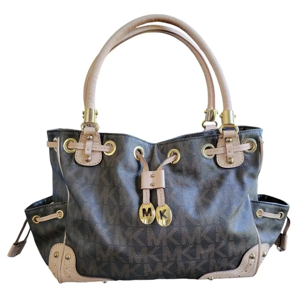 Michael Kors Brown Monogram Drawstring Satchel Handbag Purse Double Top Handle